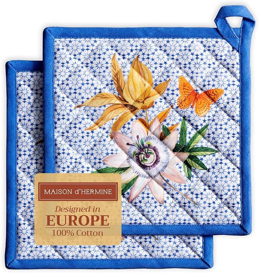 Maison d' Hermine Pot Holders 100% Cotton Potholders (8" x 8", Pack of 2) | Heat Resistant Hot Pads with Loop BBQ Cooking Baking Farmhouse Kitchen Handling Hot Pans Spring Summer - Passiflora
