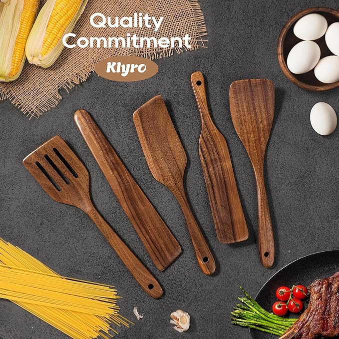 5 PCS Wooden Spatula Set, Natural Teak Wooden Spoons for Cooking, Nonstick Cookware Safe Kitchen Utensils Set, Durable & Elegant Cooking Utensils Gift Set