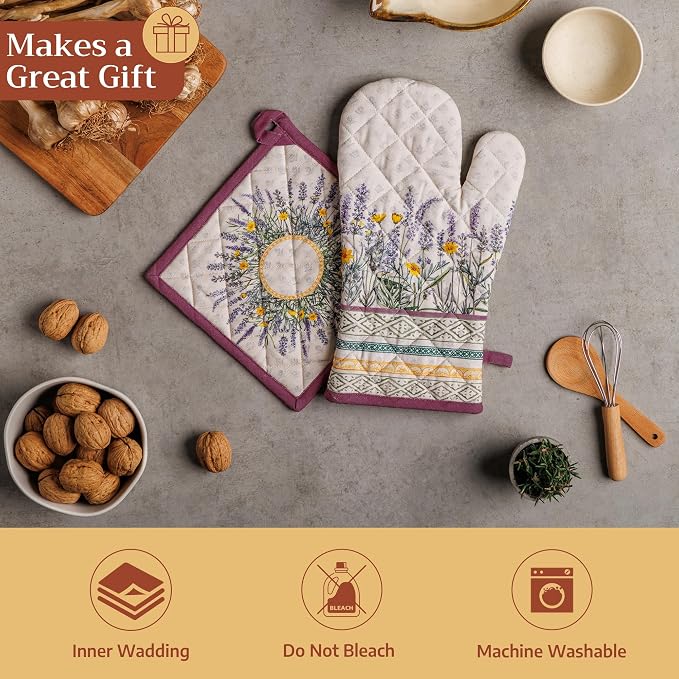 Maison d' Hermine Pot Holders 100% Cotton Potholders (8" x 8", Pack of 1) | Heat Resistant Hot Pads with Loop BBQ Cooking Baking Farmhouse Kitchen Handling Hot Pans Spring Summer - Fanny Lavender