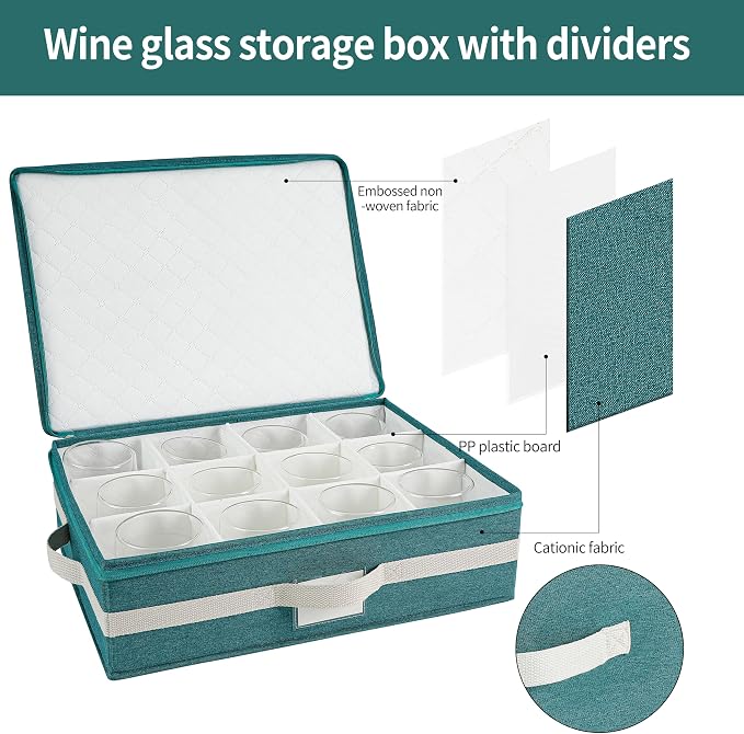 Mug Storage Box with Divider, Tea Cup and Coffee Mug Storage Container with Zipper Cover and Reinforced Handle, Hard Shell, Stackable, Foldable, Green White