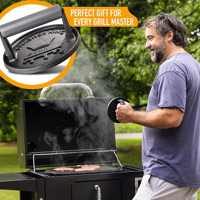 SMASHER KING™ - Smash Burger Press - Cast Iron Burger Smasher | Hamburger Patty Maker - Smash Burger Kit With 25 Sheets Of Paper - Grill Press And Steak Weight And Heavy Meat Smasher