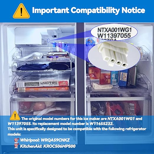 W11455232 W11397137 Refrigerator Ice Maker Kit for Whirlpool with Ice Tong | Durable Material Offers OEM Quality & Fast Ice, A 20-min Easy DIY Fix Makes Your Refrigerator Party-ready for Cold Drinks