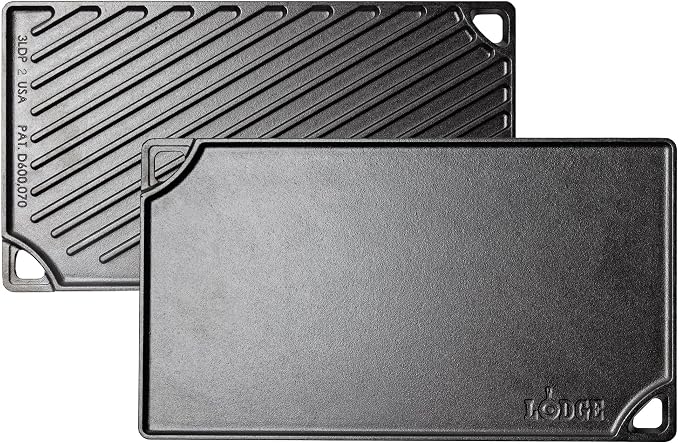 Lodge Reversible Cast Iron Grill/Griddle Pan 16.75 x 9.5 - Pre-Seasoned Dual-Sided Double Burner for BBQ, Eggs, Pancakes, Burgers - PFAS Free Cookware - Flat Top Plate for Oven, Grill, & Campfire