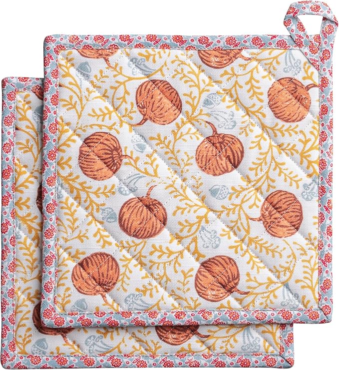 Maison d' Hermine Pot Holders 100% Cotton Potholders (8" x 8", Pack of 2) | Heat Resistant Hot Pads with Loop BBQ Cooking Baking Kitchen Handling Hot Pans Thanksgiving Christmas - Harvest Festival