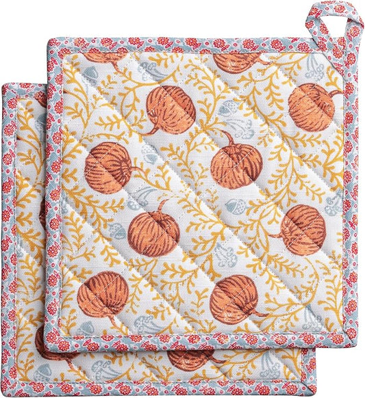 Maison d' Hermine Pot Holders 100% Cotton Potholders (8" x 8", Pack of 2) | Heat Resistant Hot Pads with Loop BBQ Cooking Baking Kitchen Handling Hot Pans Thanksgiving Christmas - Harvest Festival