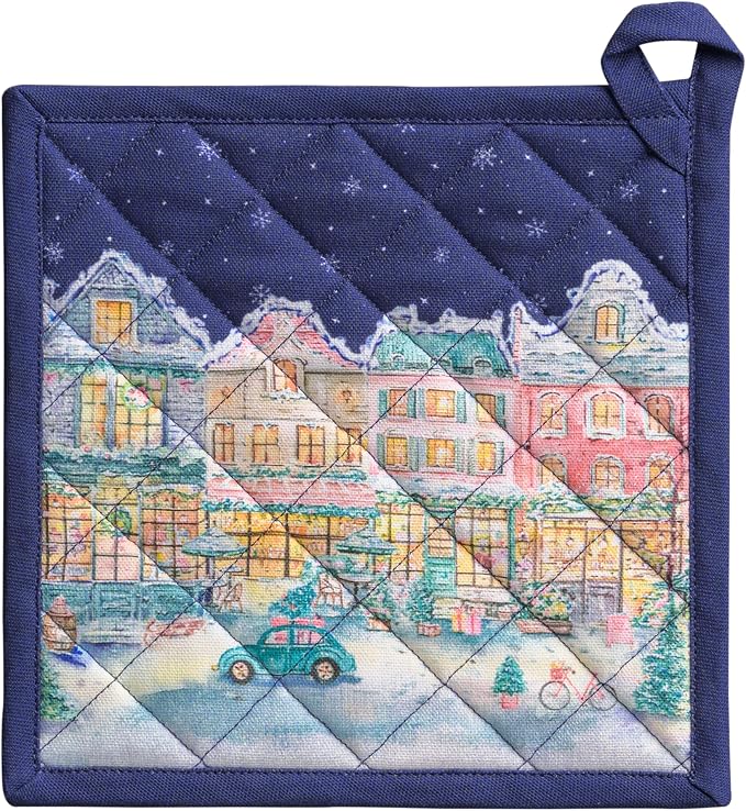Maison d' Hermine Pot Holders 100% Cotton Potholders (8" x 8", Pack of 1) | Heat Resistant Hot Pads with Loop BBQ Cooking Kitchen Handling Hot Pans Thanksgiving Christmas - Christmas Market - Blue