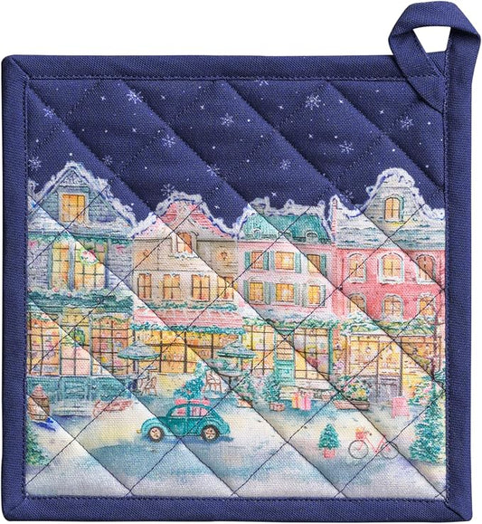 Maison d' Hermine Pot Holders 100% Cotton Potholders (8" x 8", Pack of 1) | Heat Resistant Hot Pads with Loop BBQ Cooking Kitchen Handling Hot Pans Thanksgiving Christmas - Christmas Market - Blue