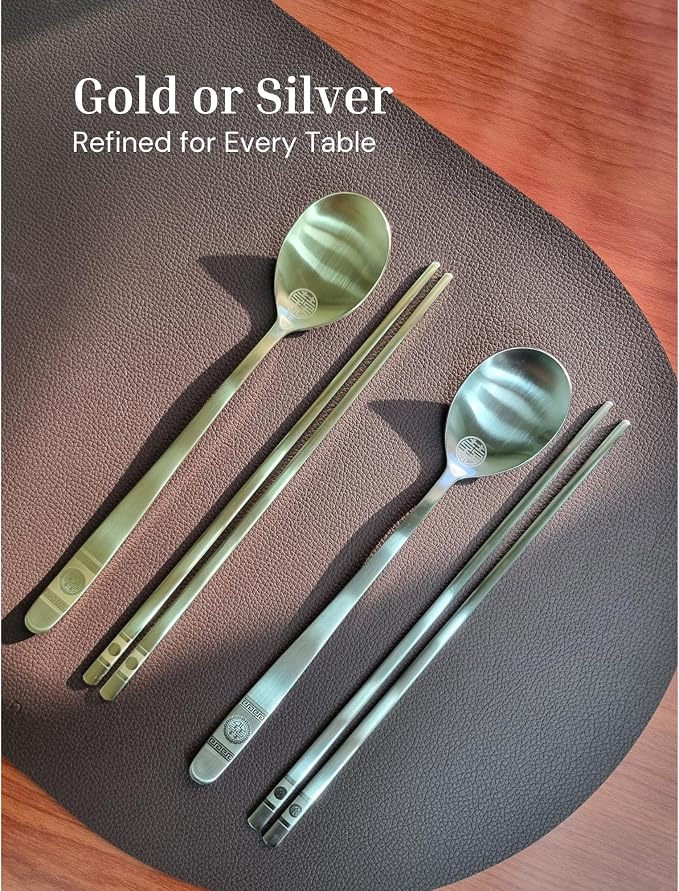 ONGI Korean Spoon and Chopstick 2 Set – Premium 18/10 Titanium Gold – Double Happiness Design – Gift-Ready – Made in Korea – Dishwasher Safe (Hee Pattern Gold 2 Set)