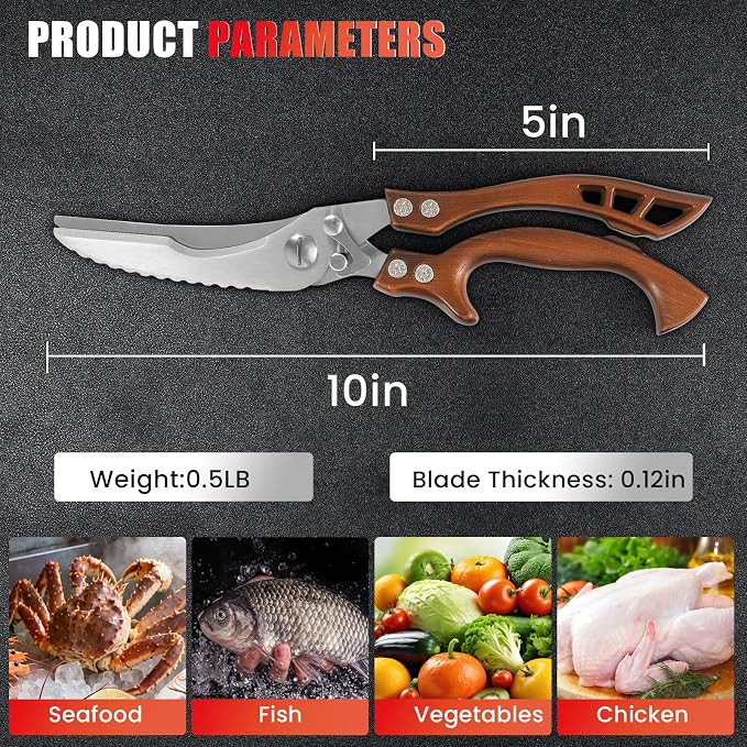 ANDONG Kitchen Scissors, Heavy Duty Professional Poultry Shears, Stainless Steel Spring Loaded, Dishwasher Safe, with Black Leather Sheath