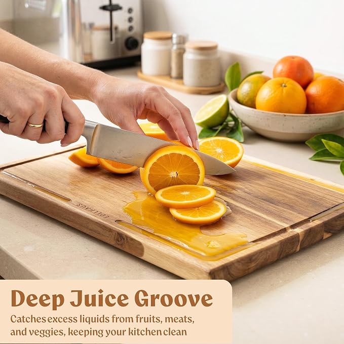 Acacia Wood Cutting Boards for Kitchen Set of 3, Juice Groove | Non Toxic Wooden Chopping Boards, Knife Friendly, Large Kitchen Boards for Meat, Cheese, Charcuterie & Serving
