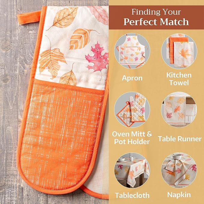 Maison d' Hermine Double Oven Mitts 100% Cotton Double Oven Glove (7"x35") | Heat Resistant BBQ Cooking Gloves with Loop Baking Kitchen Home Hotel Farmhouse Thanksgiving Christmas - Colours Of Autumn