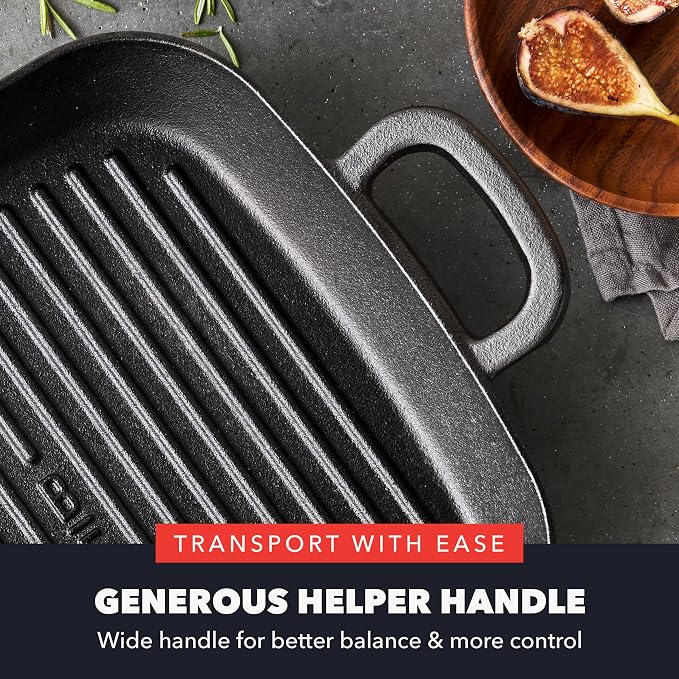 GreenPan x Bobby Flay 11" Pre-Seasoned Cast Iron Square Grill Pan | Natural Nonstick with Use, Heavy Duty, Induction & All Stovetop Compatible, High Heat & Oven Safe, Indoor/Outdoor