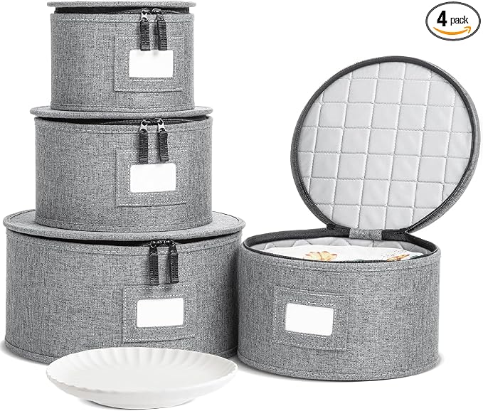 storageLAB 4-Piece Quilted China Plate Storage Set | Felt Dividers | Gray | 4-piece quilted plate set - dinner, salad, dessert & saucer cases, 12 plates each. Felt dividers, dual zippers.