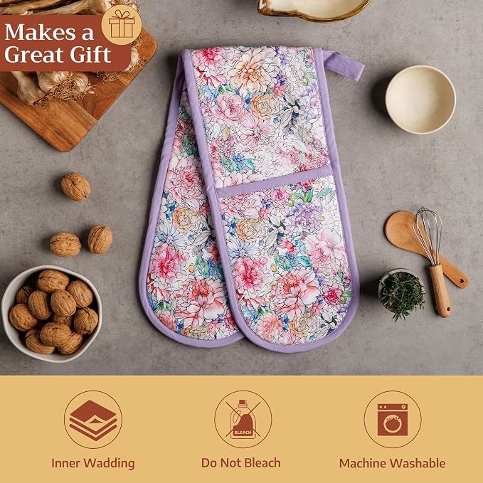 Maison d' Hermine Double Oven Mitts 100% Cotton Double Oven Glove (7"x35") | Heat Resistant BBQ Cooking Gloves with Loop Baking Grilling Kitchen Hotel Home Farmhouse Spring Summer - Floral Love