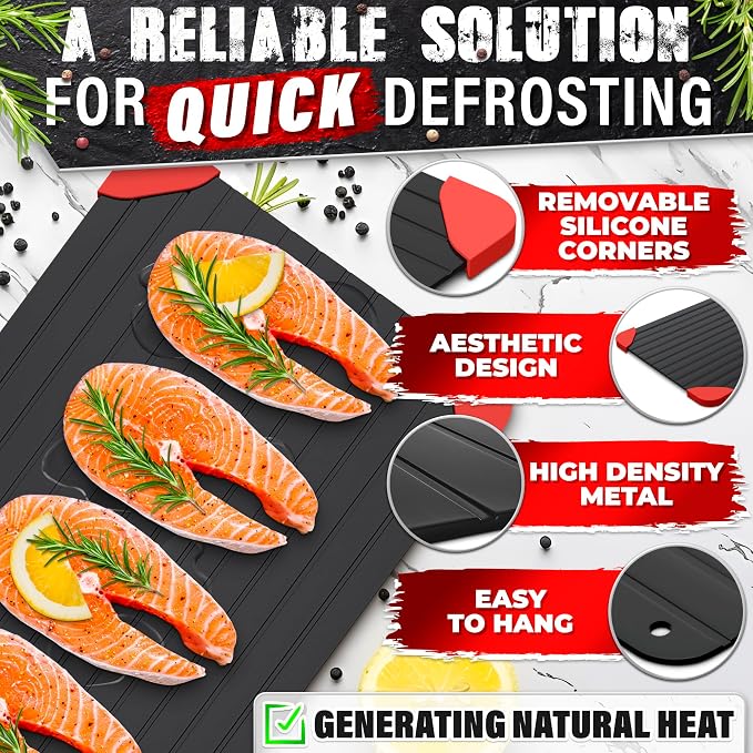 Thawing Tray for Frozen Meat, Fish, and Veggies, 14" x 8", Aluminum | Defrost Tray for Frozen Meat; Non-Stick Coating; High Heat Transfer, No Electricity; Easy Handling, Maintenance and Storage