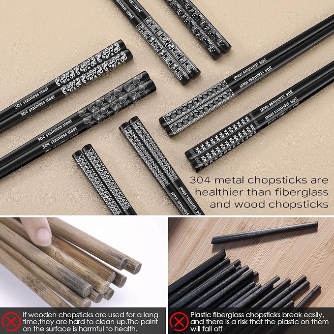 8 Pairs Metal Chopsticks Reusable Black Stainless Steel Chopsticks Set Laser Engraved Non-slip Japanese Korean Chinese Chopstick for Cooking Eating Dishwasher Safe 9.25" Chop Sticks Gift Set