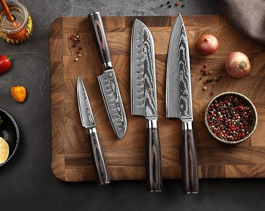 Wakoli ESE 4-Piece Damascus Knife Set – Professional Chef Knives | 67-Layer VG10 Core Steel | Santoku, Chef, Small Santoku & Office Knife | Ergonomic Pakkawood Handles | Gift Box
