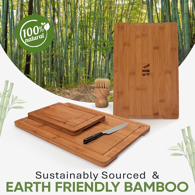 MelBell Bamboo Cutting Board Set Of 3 for Kitchen - Wooden Chopping Boards with Juice Groove - Wood Serving Board for Meat, Vegetables, Cheese