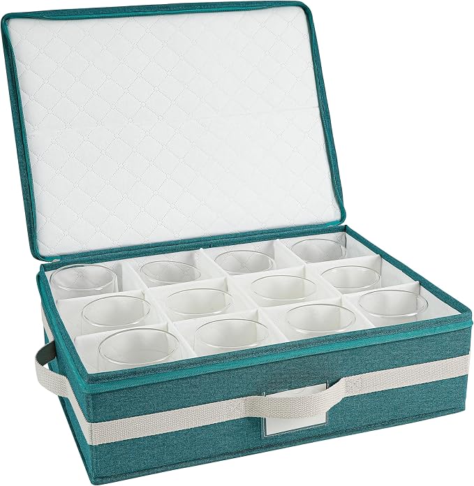 Mug Storage Box with Divider, Tea Cup and Coffee Mug Storage Container with Zipper Cover and Reinforced Handle, Hard Shell, Stackable, Foldable, Green White