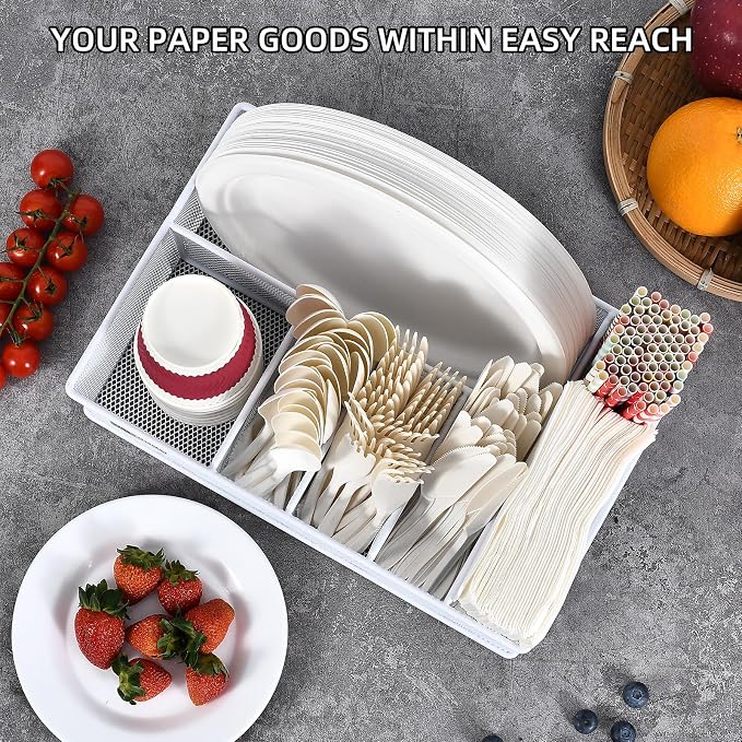 VIKEYHOME Paper Plate Organizer, Metal Silverware Caddy, White | 6 Compartments Utensil Holder for Plate, Knives, Spoon, Cup, Fork, Napkin, Caddy for Party, Camping, Picnic