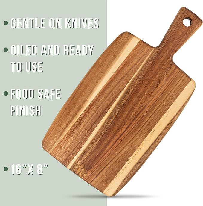 Acacia Wood Cutting Board and Chopping Board with Handle for Meat, Cheese Board, Vegetables, Bread, and Charcuterie - Decorative Wooden Serving Board for Kitchen and Dining Room, 16" x 8"