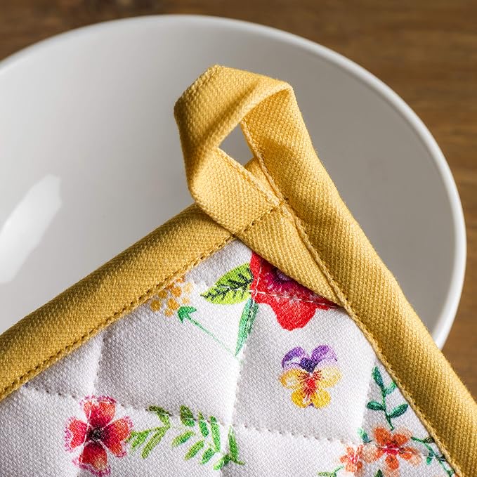 Maison d' Hermine Pot Holders 100% Cotton Potholders (8" x 8", Pack of 2) | Heat Resistant Hot Pads with Loop BBQ Cooking Farmhouse Kitchen Handling Hot Pans Spring Summer - Happy Florals - Sweety