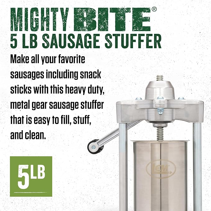 LEM Products MightyBite 5 lb Sausage Stuffer, Professional Design, Stainless Steel, Includes Clamps & Stuffing Tubes, Removable Cylinder, Air-Release Piston, Meat Stuffer Machine for Home Use