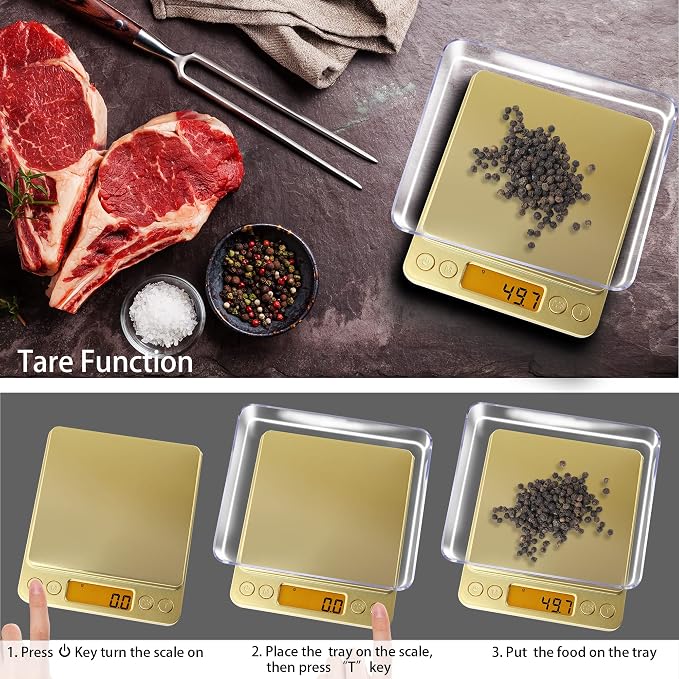 Fuzion Small Gram Scale 3000g, Digital Kitchen Food Scale, Gram and Ounce | Gold Titanium Mirror Finish, 0.1g Accuracy, 6 Modes, 2 Trays Included, Tare, Piece Counting, For Food, Coffee, Coins, Herb