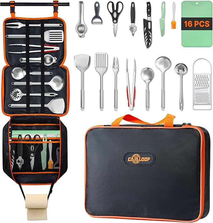 Gaialoop Portable Camping Cooking Utensils Set, Camp Kitchen Set with Organizer Bag, RV Essentials Outdoor Cooking Utensil Kit for Travel, Picnics, Camping, BBQs, Parties