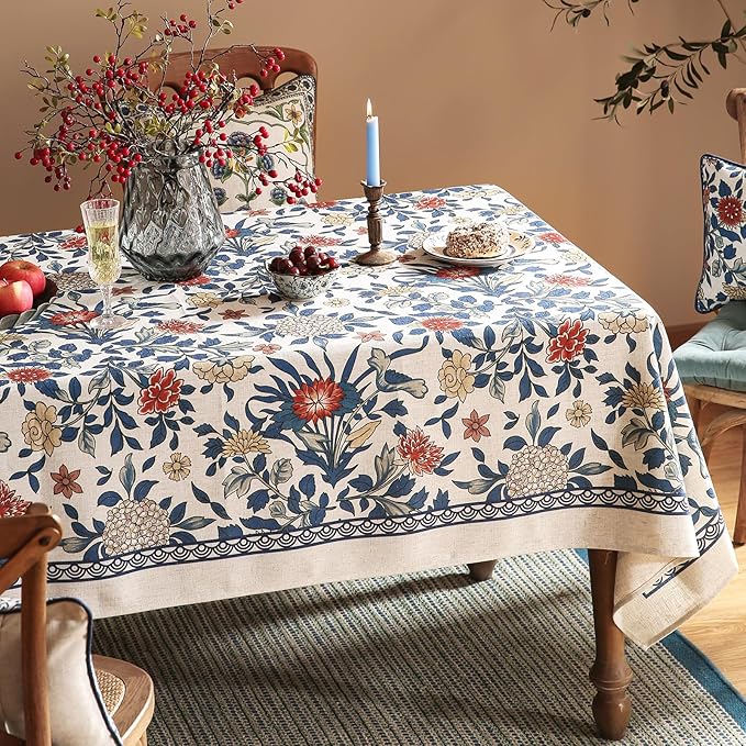 patdrea Designer Blue Tablecloth for Rectangle Table,Vintage Linen with Leaves and Floral Pattern Tablecloths,Farmhouse Decor Cover for Kitchen Dining Christmas,Thanksgiving,55"x79"-Ivar a