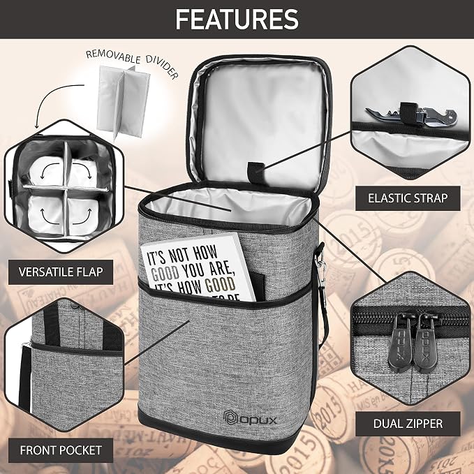 Opux 4 Bottle Insulated Wine Cooler Bag - Leakproof Padded Portable Wine Bottle Tote for Travel Picnic BYOB - Heather Gray