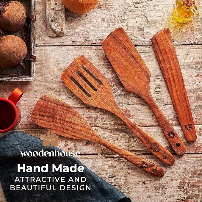 Wooden Spatula for Cooking, Teak Wood Set of 4 for Non Stick Frying Pan | Includes Paddle, Turner, Slotted Spurtle & Scraper – Long Ergonomic Handles, Scratch-Free Design