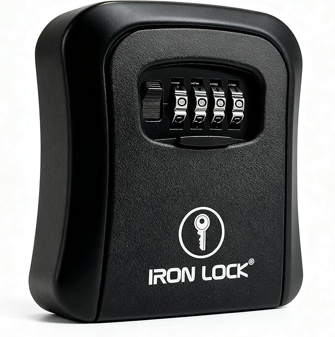 Iron Lock® Medium Wall Mount Combination Key Lock Box, Outdoor (Black) | Screw-in wall mount (4 screws + 4 anchors) — not magnetic, does not hang; weather-resistant zinc alloy, includes key hanger