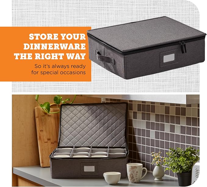storageLAB Cup & Mug Storage Case | Hard Shell Felt Dividers | Gray | Hard shell case holds 12 cups or mugs in 4x4 felt compartments. Stackable, top-load, dual handles. Also fits wine glasses.