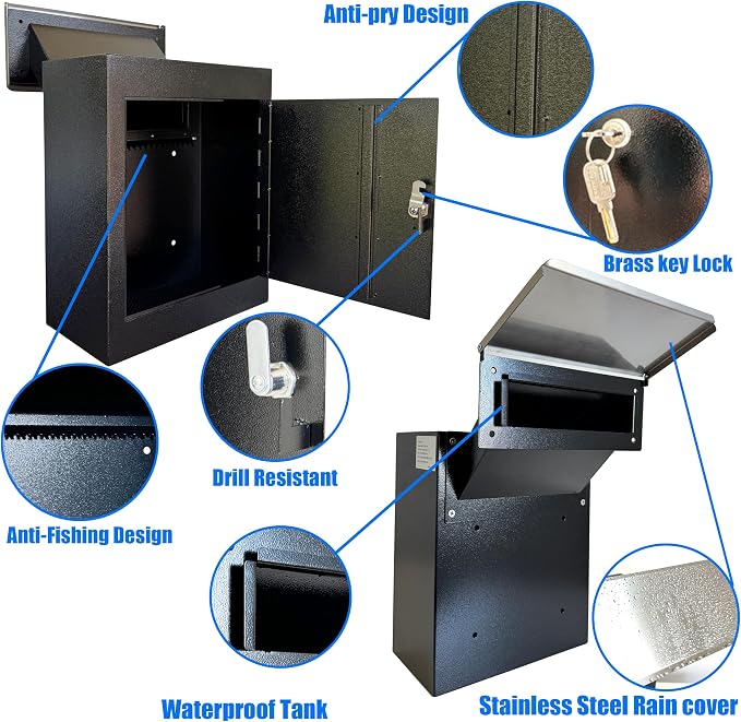 Through-the-Wall Locking Mailbox with Anti-Fishing Chute | Heavy-Duty Steel Mail Drop Box with Rainproof Cover & Adjustable Sleeve for Homes, Offices & Apartments, Black