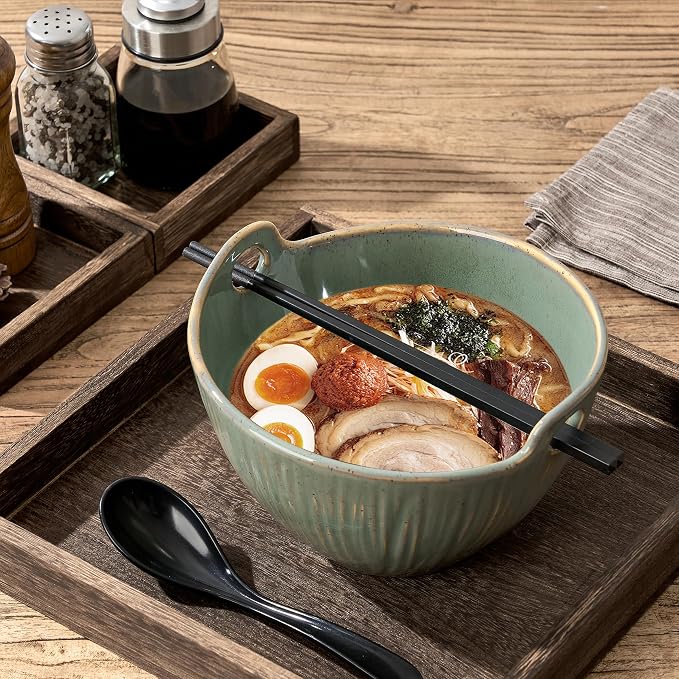 Ramen Bowl with Chopsticks and Spoons Set, 7 Inch Ceramic Noodle Bowl Set of 2, Donburi Bowl Dishwasher Safe for Pho Udon Soba Noodle Salad Pasta, Special Wild Sage Earth Bowls Set