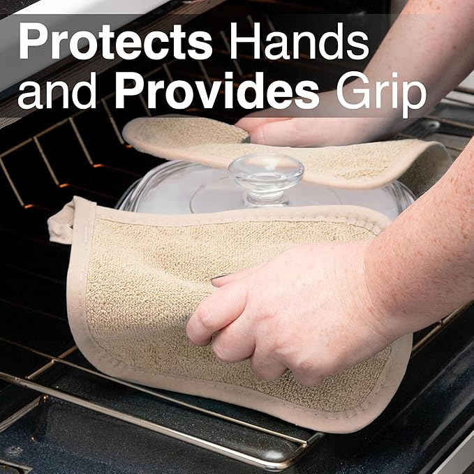 RITZ Terry Potholder & Hot Pad: Unparalleled Heat Resistant, Durable 100% Cotton – Ergonomically Designed for Optimal Grip – Easy-Care Machine Washable – 4-Pack, Latte