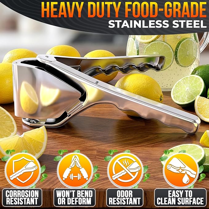 Lemon Squeezer Stainless Steel, Heavy Duty Flat Fold Citrus Juicer | Lime Squeezer Presses Lemons and Oranges to the Last Drop for Prep - Manual, Rust-Resistant, Easy to Clean, Dishwasher-Safe