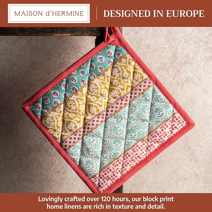 Maison d' Hermine Pot Holders 100% Cotton Potholders (8" x 8", Pack of 1) | Heat Resistant Hot Pads with Loop BBQ Cooking Baking Farmhouse Kitchen Handling Hot Pans Spring Summer - Provence