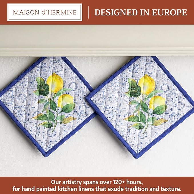 Maison d' Hermine Pot Holders 100% Cotton Potholders (8" x 8", Pack of 2) | Heat Resistant Hot Pads with Loop BBQ Cooking Baking Farmhouse Kitchen Handling Hot Pans Spring Summer - Citrus
