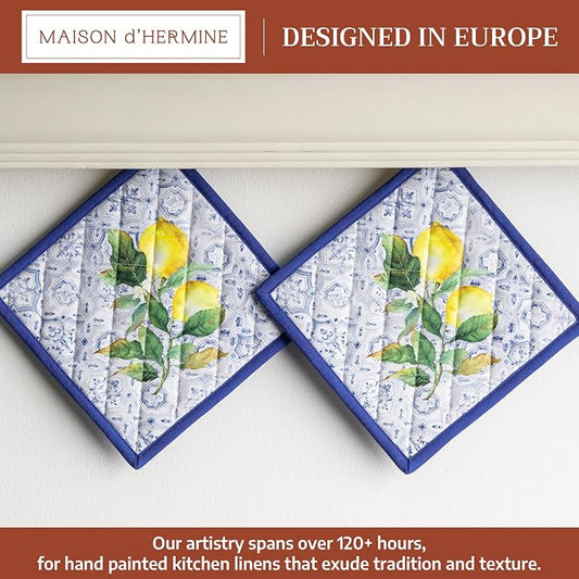 Maison d' Hermine Pot Holders 100% Cotton Potholders (8" x 8", Pack of 2) | Heat Resistant Hot Pads with Loop BBQ Cooking Baking Farmhouse Kitchen Handling Hot Pans Spring Summer - Citrus