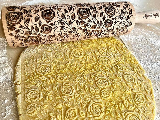 Rolling pin Damascus Roses Wooden embossing rolling pin with Rose Dough roller for embossed cookies Gift for Mom friend Cookies decoration