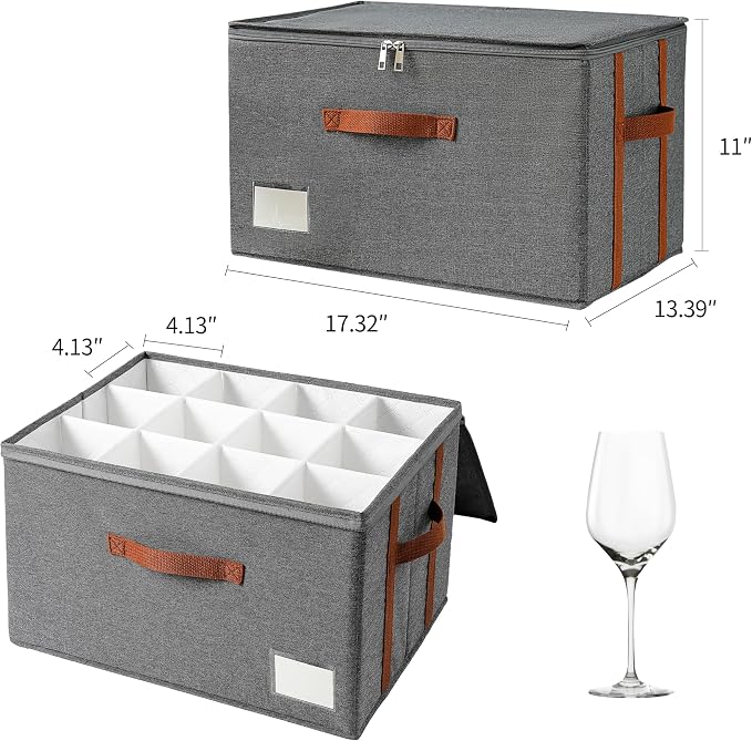 Stemware storage containers, wine glass storage box ，wine glass storage box with dividers，glass storage containers，Holds 12 Red or White Wine Glasses, Hard Top and Sides(Grey red,