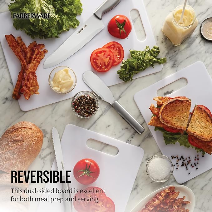 FARBERWARE Large Cutting Board, Dishwasher- Safe Plastic Chopping Board for Kitchen with Easy Grip Handle, 11in by 14in, White
