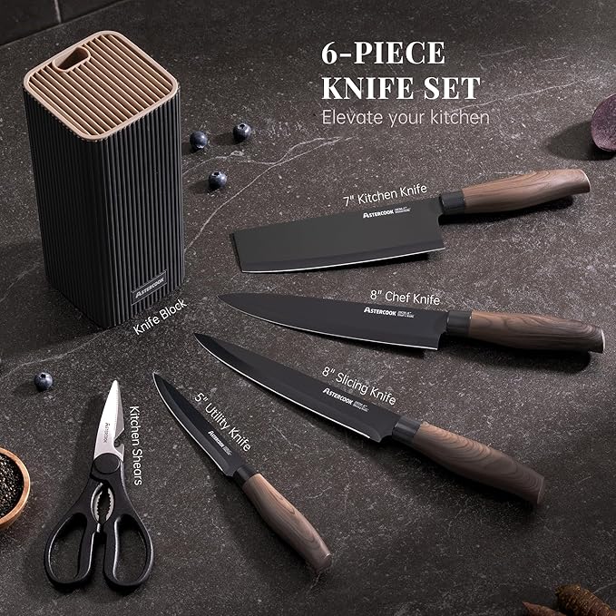 Astercook Knife Set, 6-Piece Kitchen Knife Set with Block, High Carbon Stainless Steel Ultra Sharp Kitchen Knives, Wood Grain Handle, Dishwasher Safe Knife Block Set, Black, Kitchen Utility Knives
