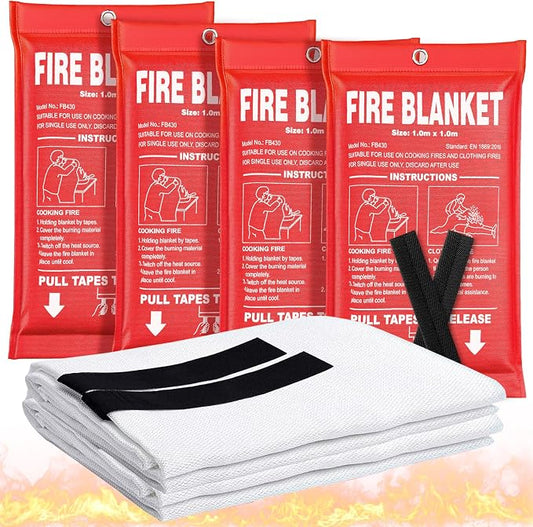 Fire Blanket 4 Pack - 40" x 40" Prepared Emergency Fire Blanket | For Home and Kitchen, RV, Grill, Fireplace, Safe & Easy for Young Adults and Elderly Living Alone | Fiberglass CE Certified