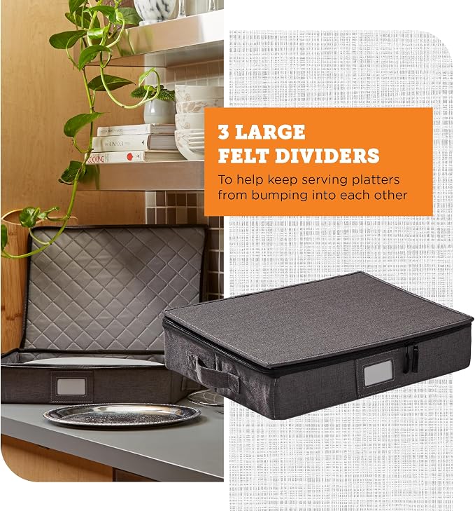 storageLAB Hard Shell Platter Storage Container | Felt Dividers | Gray | Hard shell platter case holds 4 large serving platters with felt dividers. Dual zippers, stackable, dust-free.