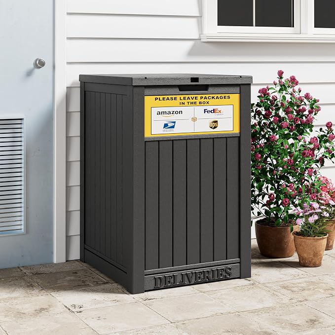Package Delivery Box for Outside with Sign, Secure Lockable Waterproof Package Delivery Container, Resin Deck Box for Porch & Garden, Classic Black