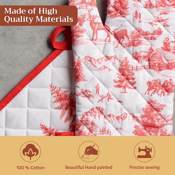 Maison d' Hermine 100% Cotton Oven Mitt & Pot Holder Set (7.5"x13" & 8"x8") | Heat Resistant BBQ Cooking Gloves with Loop Baking Grilling Kitchen Hotel Home Farmhouse Thanksgiving Christmas - Winter Jouy