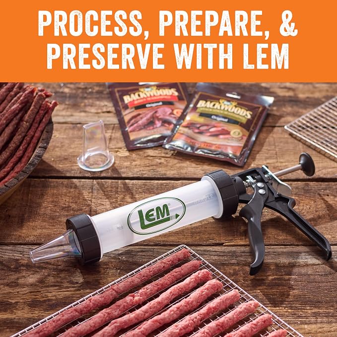 LEM Products Jerky Gun, Heavy-Duty Beef Jerky Maker, Make Meat Sticks and Snack Sticks, Includes Nozzles and Backwoods Seasoning
